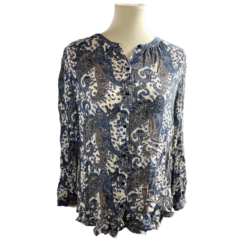 Women's Lucky Brand Paisley Blouse Long Sleeve size  Medium 90s Y2K Grey Blue